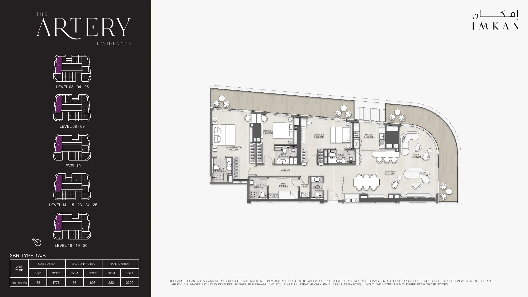 Three-bedroom apartment floor plan at The Artery Makers District