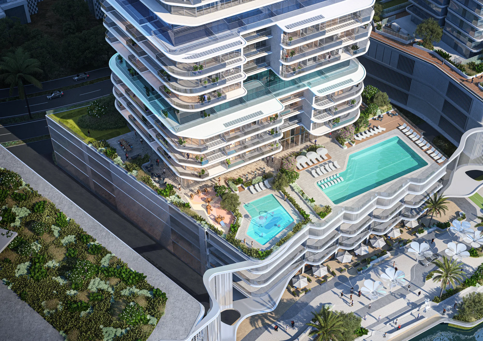 Elevated amenity deck and infinity-edge pool