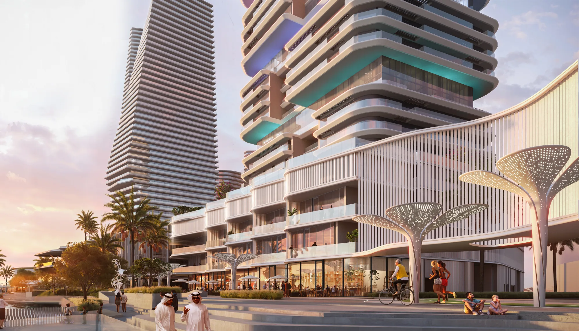 The Artery Residences promenade at sunset