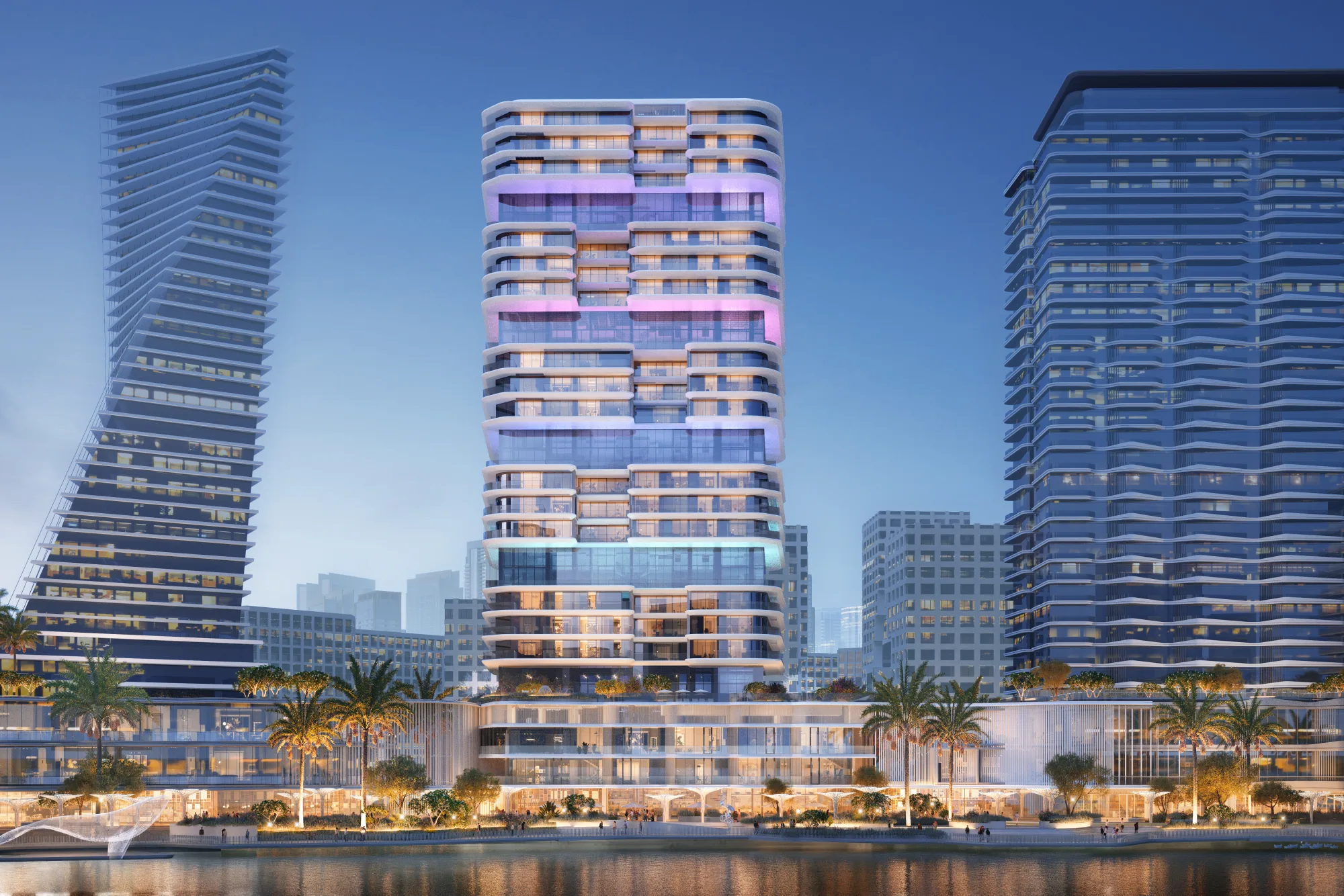 The Artery Residences illuminated on the Abu Dhabi waterfront