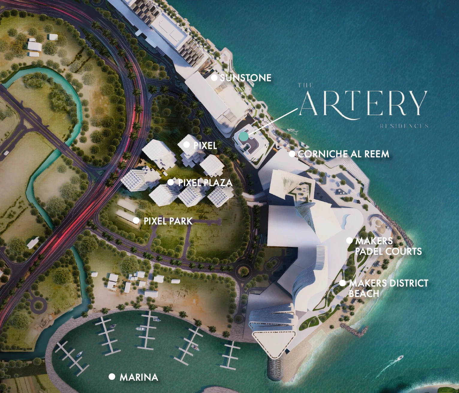 The Artery Residences location within Makers District near Pixel, Corniche Al Reem, Makers District Beach and the marina
