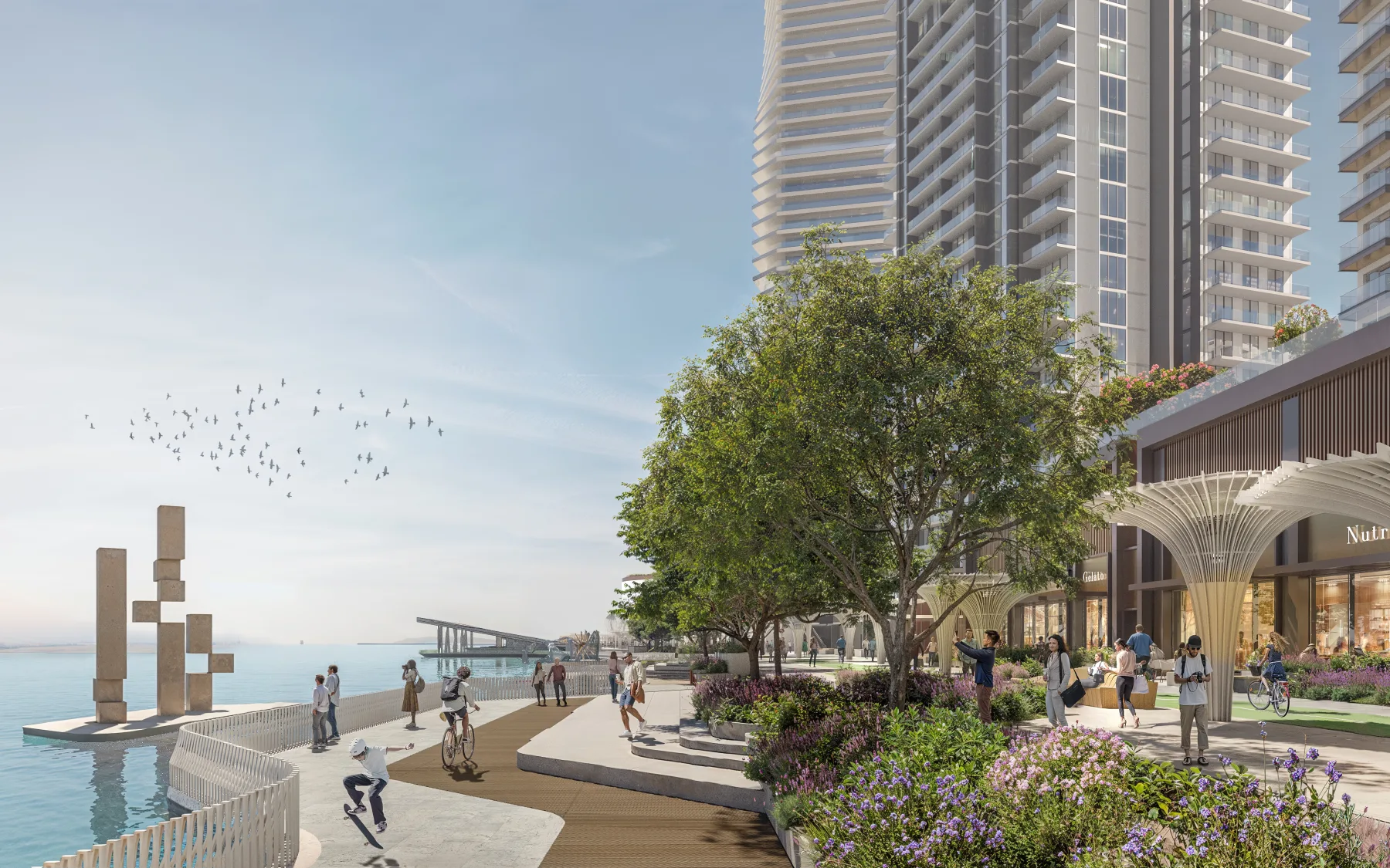 Landscaped Makers District waterfront promenade